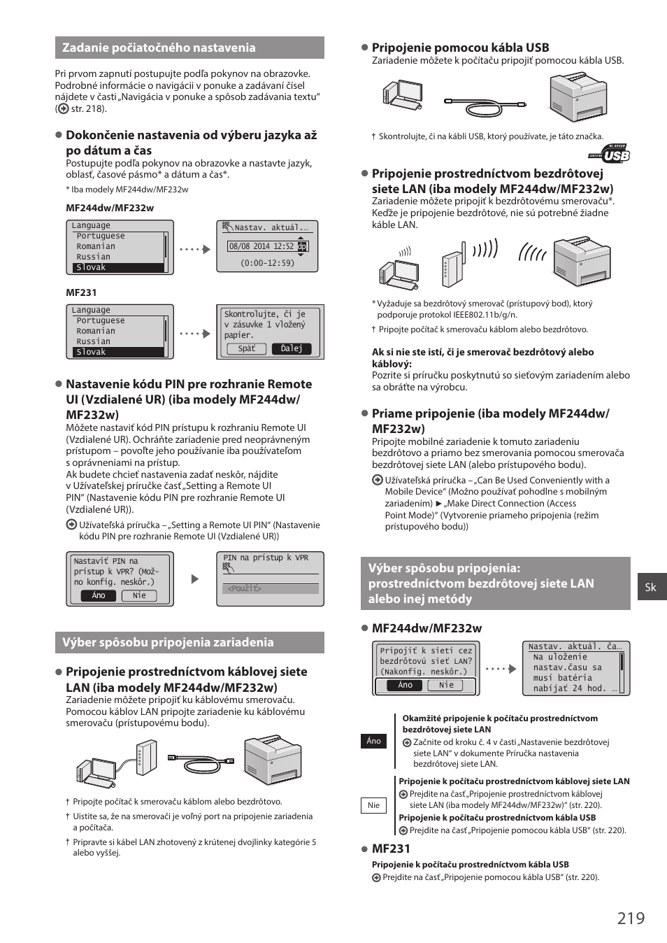 Prostredníctvom bezdrôtovej siete lan alebo, Inej metódy, Zadanie počiatočného nastavenia | Výber spôsobu pripojenia zariadenia, Pripojenie pomocou kábla usb, Mf231 | Canon i-SENSYS MF244dw User Manual | Page 219 / 308