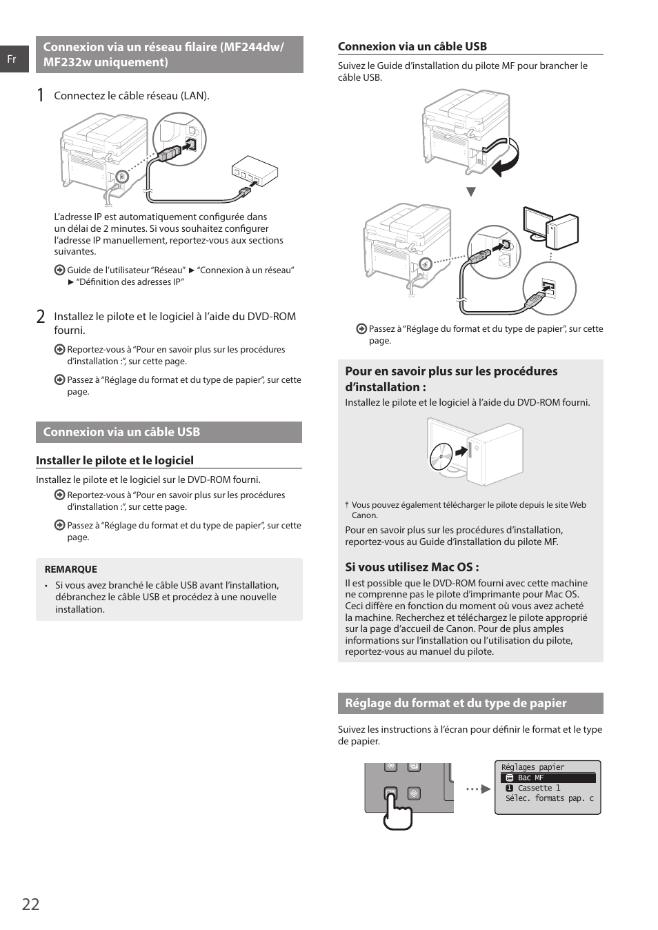 Connexion via un réseau fi laire (mf244dw, Assez à “connexion via un réseau fi laire (mf244dw, Mf232w uniquement)” (p.22) | Assez à “connexion via un câble usb” (p.22) | Canon i-SENSYS MF244dw User Manual | Page 22 / 308