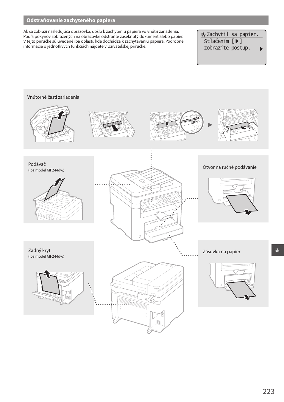 Odstraňovanie zachyteného papiera | Canon i-SENSYS MF244dw User Manual | Page 223 / 308