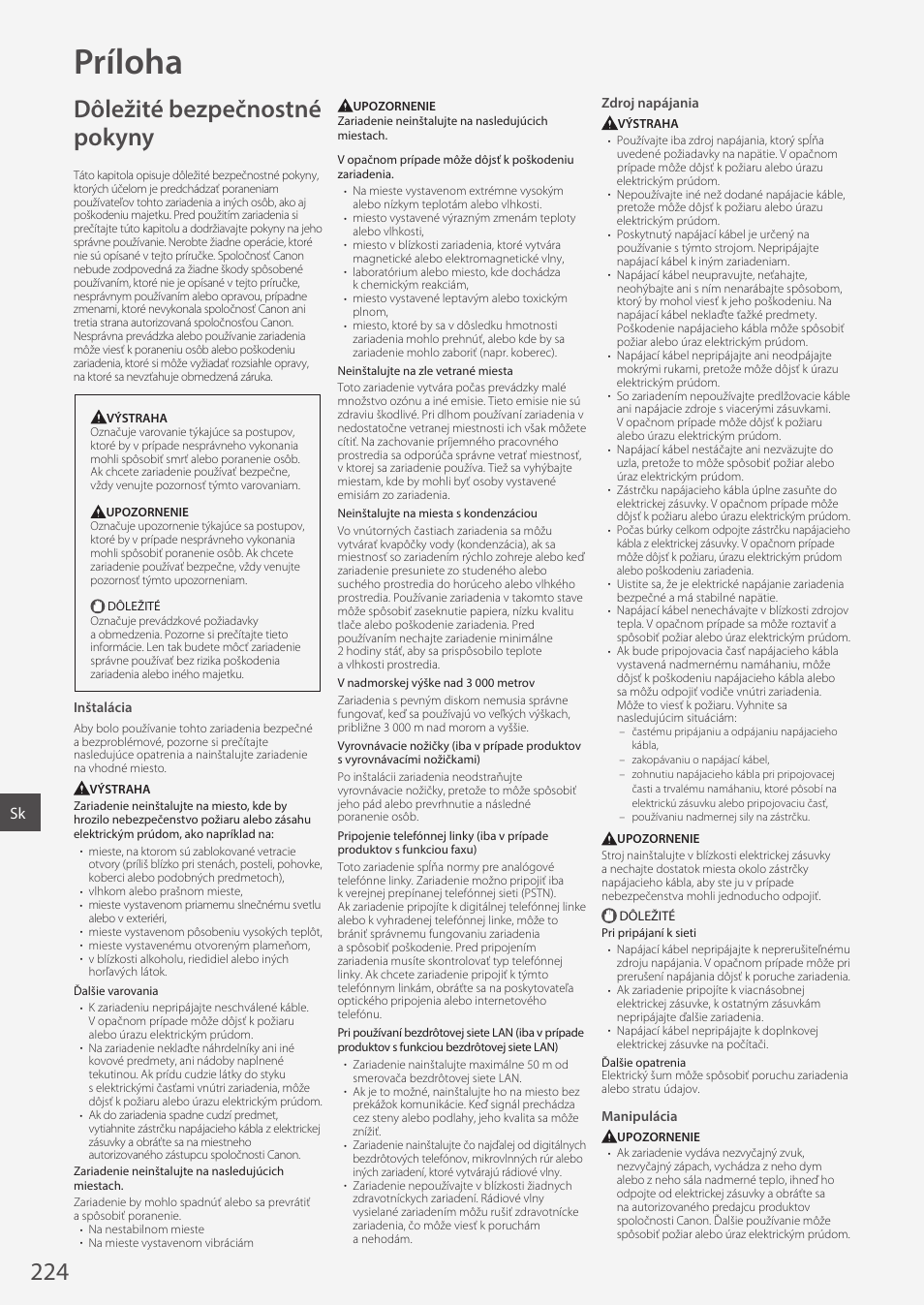 Príloha, Dôležité bezpečnostné pokyny | Canon i-SENSYS MF244dw User Manual | Page 224 / 308