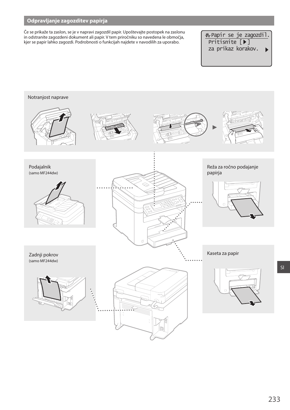 Odpravljanje zagozditev papirja | Canon i-SENSYS MF244dw User Manual | Page 233 / 308