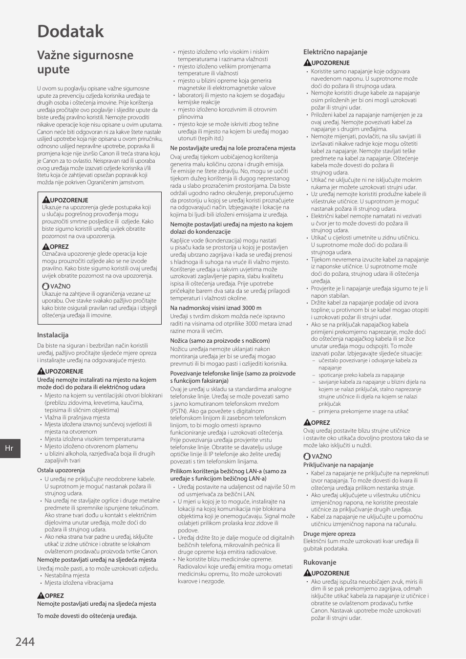 Dodatak, Važne sigurnosne upute | Canon i-SENSYS MF244dw User Manual | Page 244 / 308