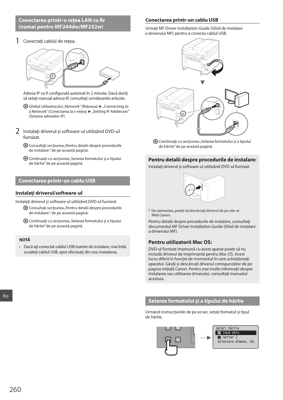 Conectarea printr-o reţea lan cu fi r, Pentru mf244dw/mf232w)” (p.260), Eţi la „conectarea printr-un cablu usb” (p.260) | Canon i-SENSYS MF244dw User Manual | Page 260 / 308