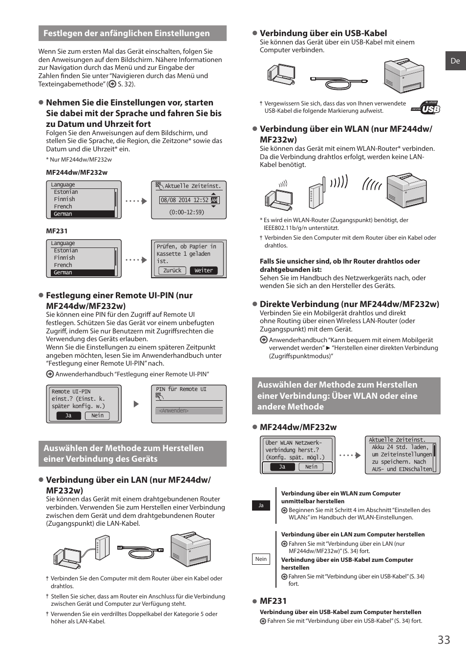 Verbindung: über wlan oder eine andere, Methode, Festlegen der anfänglichen einstellungen | Verbindung über ein usb-kabel, Mf231 | Canon i-SENSYS MF244dw User Manual | Page 33 / 308