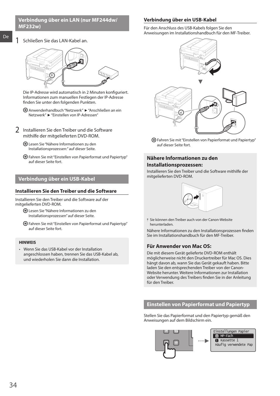 Verbindung über ein lan (nur mf244dw, Nden sie auf s.34, En sie mit “verbindung über ein lan (nur | Mf244dw/mf232w)” (s. 34) f, En sie mit “verbindung über ein usb-kabel” (s. 34) | Canon i-SENSYS MF244dw User Manual | Page 34 / 308