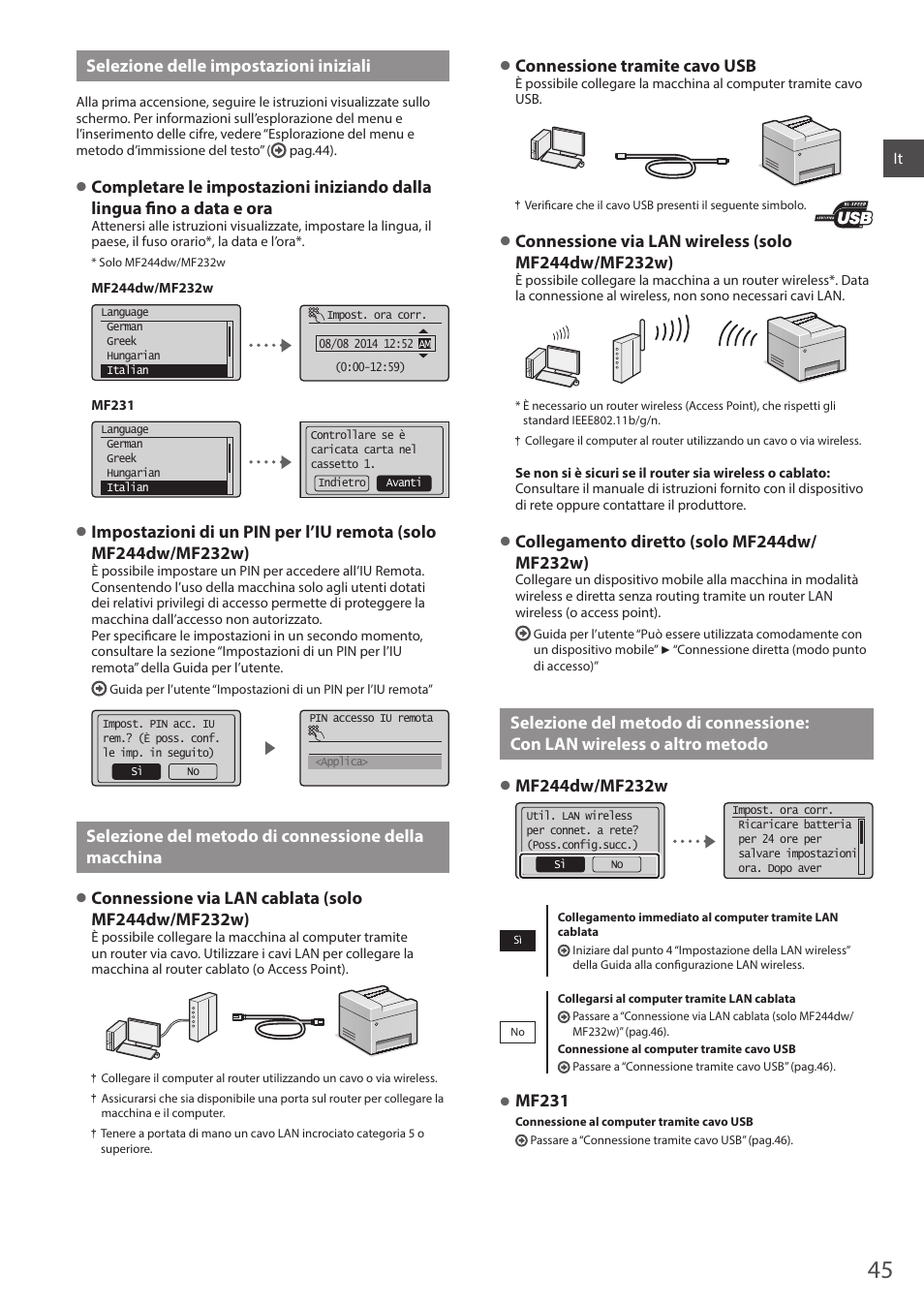 Macchina selezione del metodo di connessione, Con lan wireless o altro metodo, Selezione delle impostazioni iniziali | Selezione del metodo di connessione della macchina, Connessione tramite cavo usb, Mf231 | Canon i-SENSYS MF244dw User Manual | Page 45 / 308