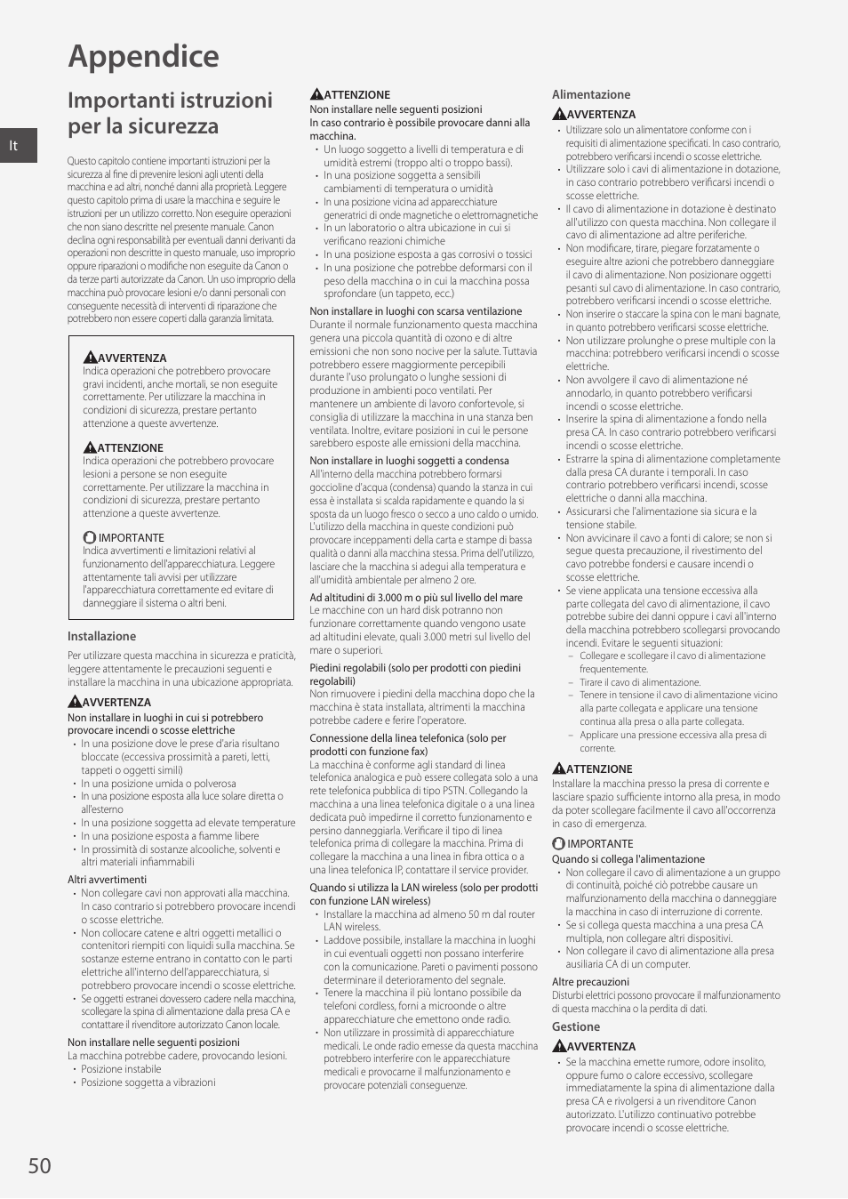 Appendice, Importanti istruzioni per la sicurezza | Canon i-SENSYS MF244dw User Manual | Page 50 / 308