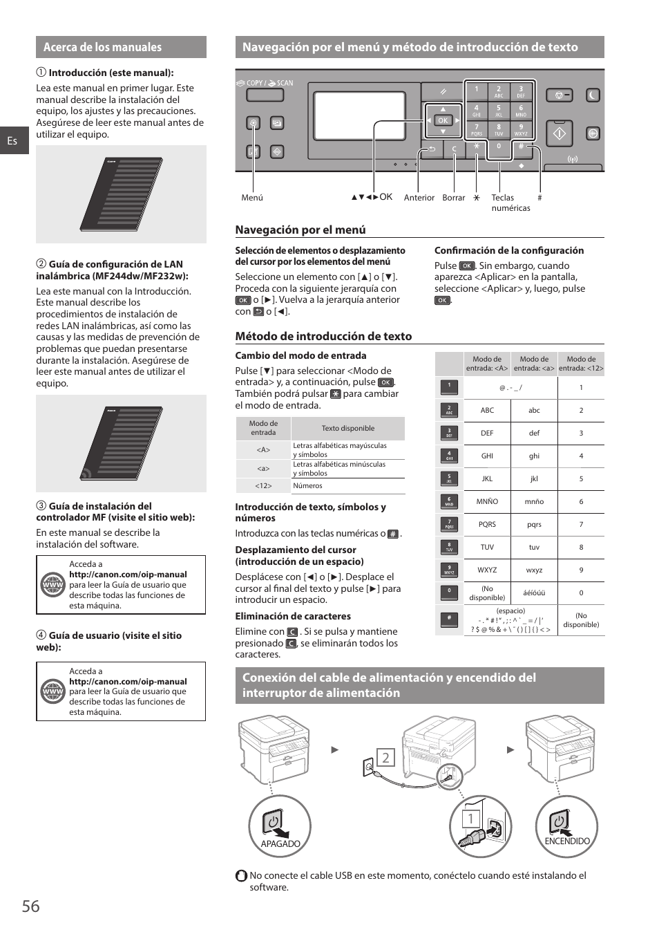 Encendido del interruptor de alimentación, Navegación por el menú, Método de introducción de texto | Canon i-SENSYS MF244dw User Manual | Page 56 / 308