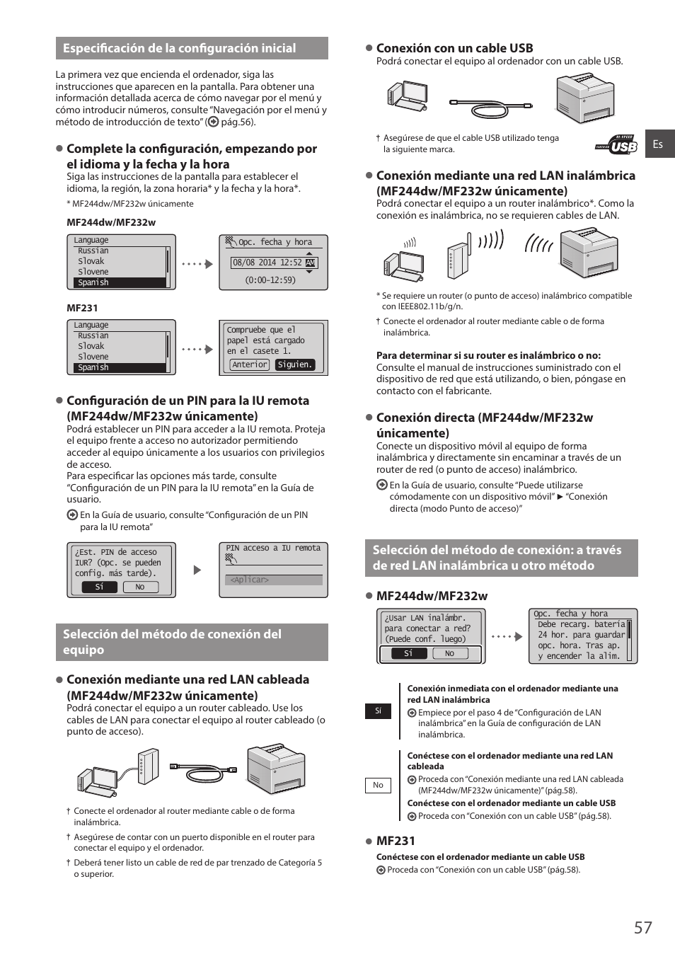 Red lan inalámbrica u otro método, Especifi cación de la confi guración inicial, Selección del método de conexión del equipo | Conexión con un cable usb, Mf231 | Canon i-SENSYS MF244dw User Manual | Page 57 / 308