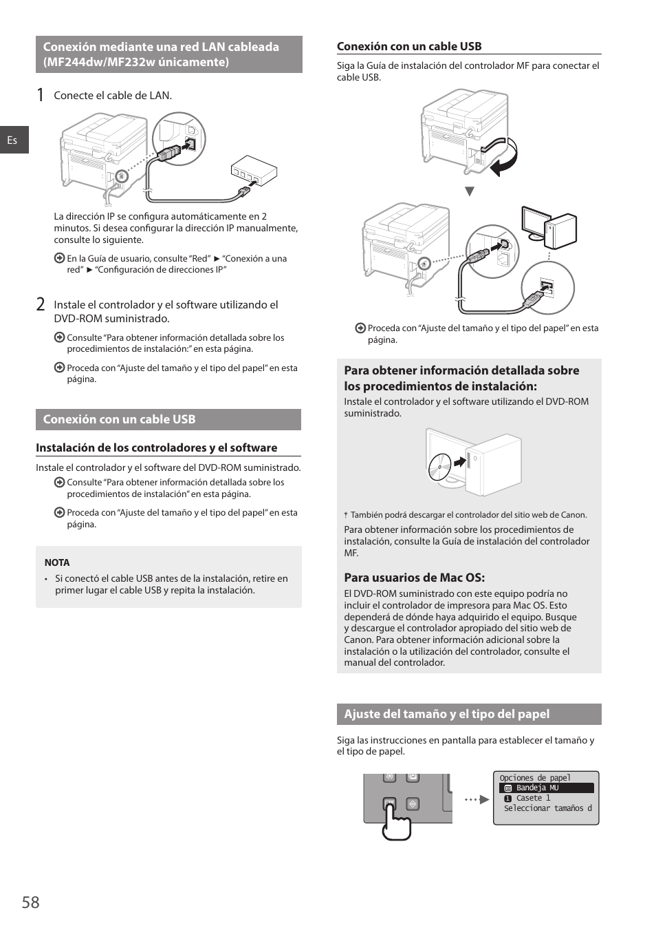 Conexión mediante una red lan cableada, On “conexión mediante una red lan cableada, Mf244dw/mf232w únicamente)” (pág.58) | On “conexión con un cable usb” (pág.58), On “conexión con un cable usb” (pбg.58) | Canon i-SENSYS MF244dw User Manual | Page 58 / 308