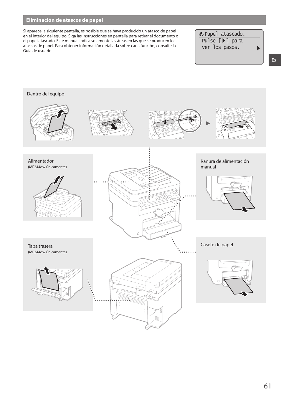 Eliminación de atascos de papel | Canon i-SENSYS MF244dw User Manual | Page 61 / 308