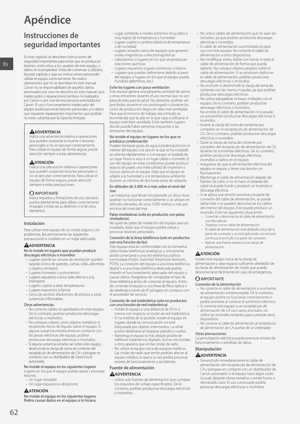 Apéndice, Instrucciones de seguridad importantes | Canon i-SENSYS MF244dw User Manual | Page 62 / 308