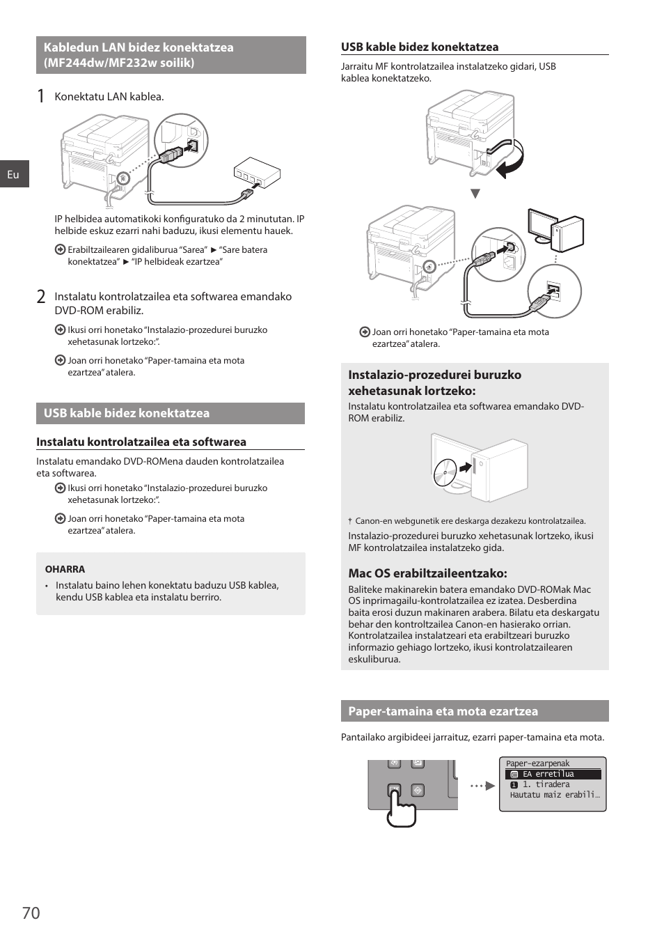 Kabledun lan bidez konektatzea (mf244dw, Iratu 70. orria, Mf232w soilik)" (70. or.) | Usb kable bidez konektatzea" (70. or.) atalera | Canon i-SENSYS MF244dw User Manual | Page 70 / 308