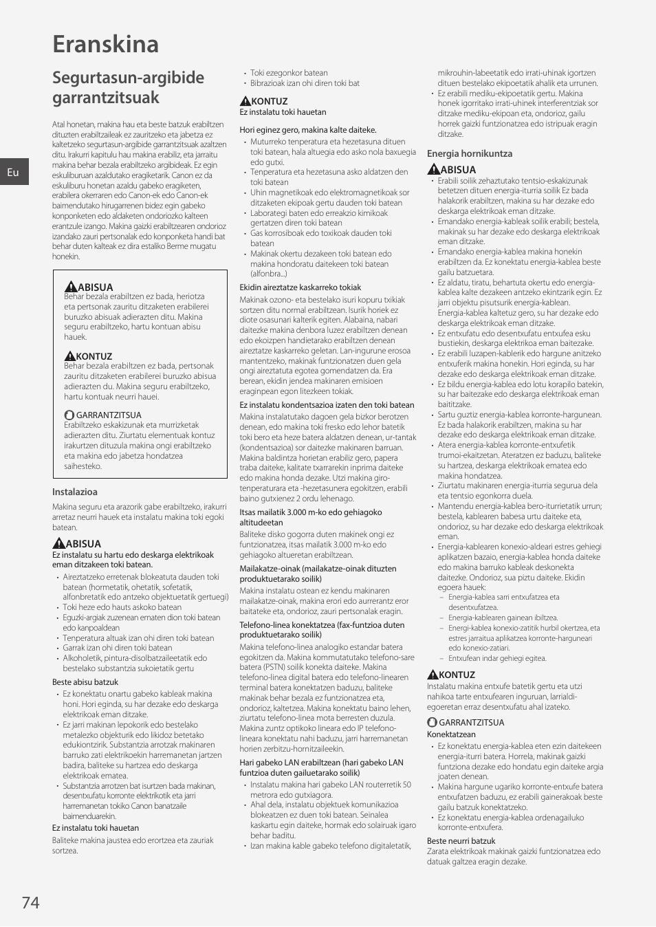 Eranskina, Segurtasun-argibide garrantzitsuak | Canon i-SENSYS MF244dw User Manual | Page 74 / 308
