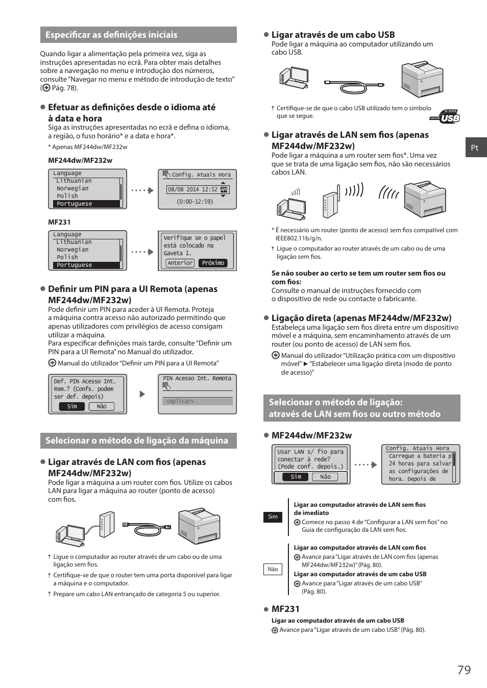 Através de lan sem fi os ou outro método, Especifi car as defi nições iniciais, Selecionar o método de ligação da máquina | Ligar através de um cabo usb, Mf231 | Canon i-SENSYS MF244dw User Manual | Page 79 / 308