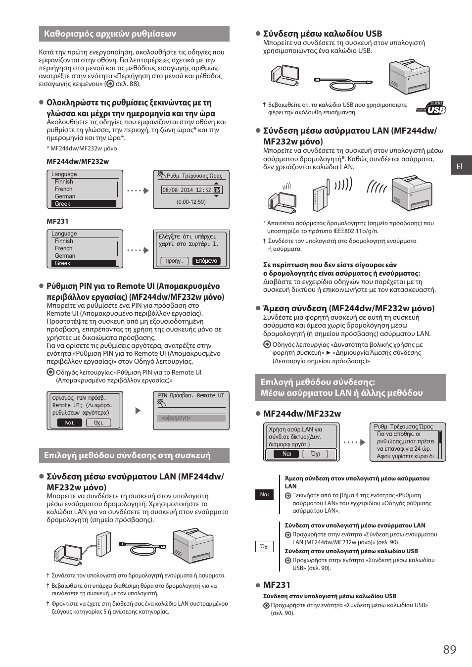 Μέσω ασύρματου lan ή άλλης μεθόδου, Καθορισμός αρχικών ρυθμίσεων, Επιλογή μεθόδου σύνδεσης στη συσκευή | Σύνδεση μέσω καλωδίου usb, Mf231 | Canon i-SENSYS MF244dw User Manual | Page 89 / 308