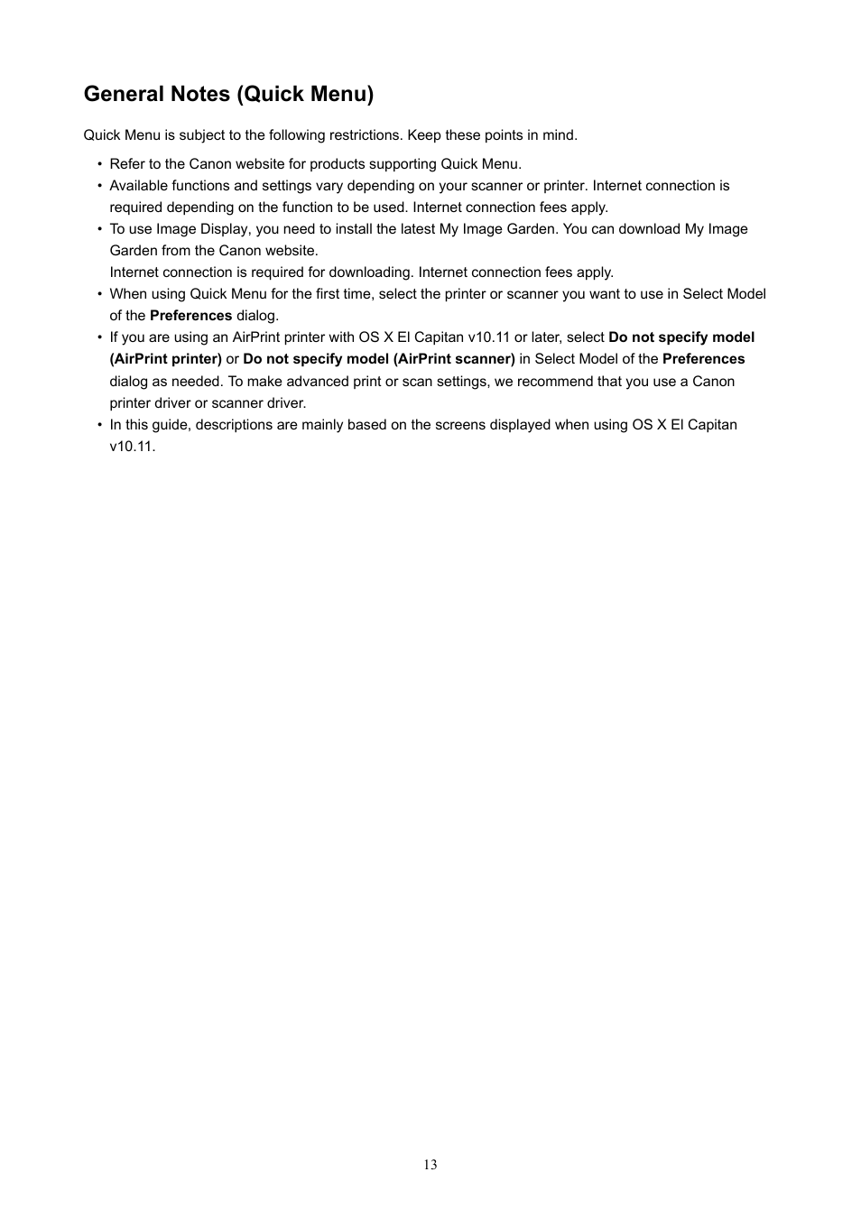General notes (quick menu) | Canon PIXMA E474 User Manual | Page 13 / 22