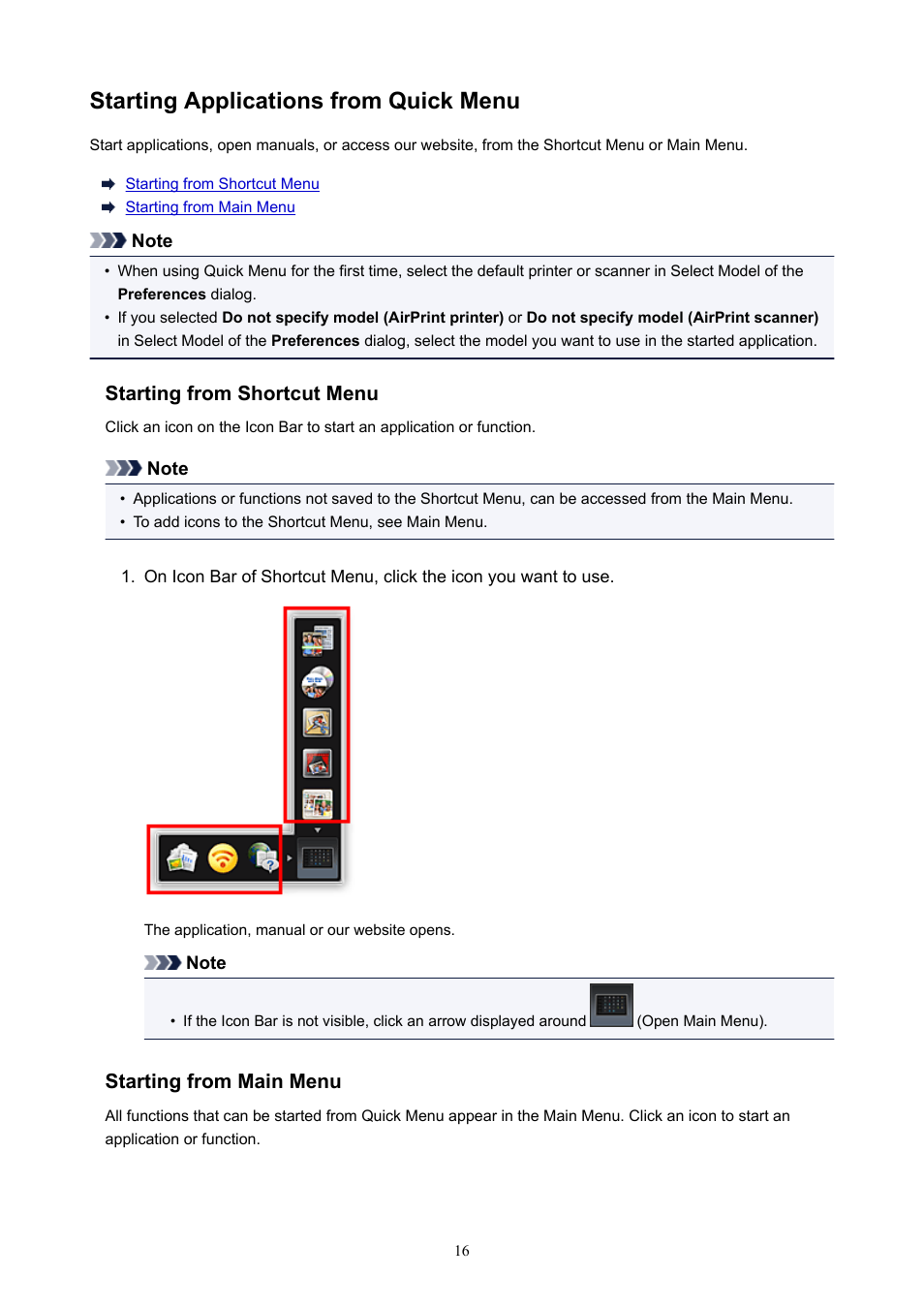 Starting applications from quick menu | Canon PIXMA E474 User Manual | Page 16 / 22