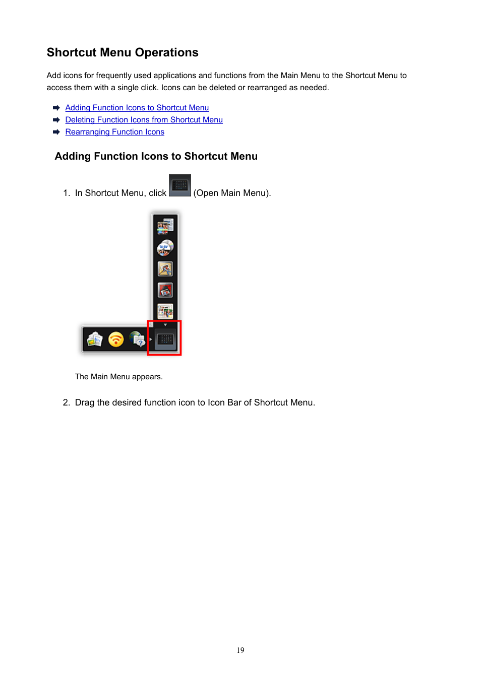 Shortcut menu operations | Canon PIXMA E474 User Manual | Page 19 / 22