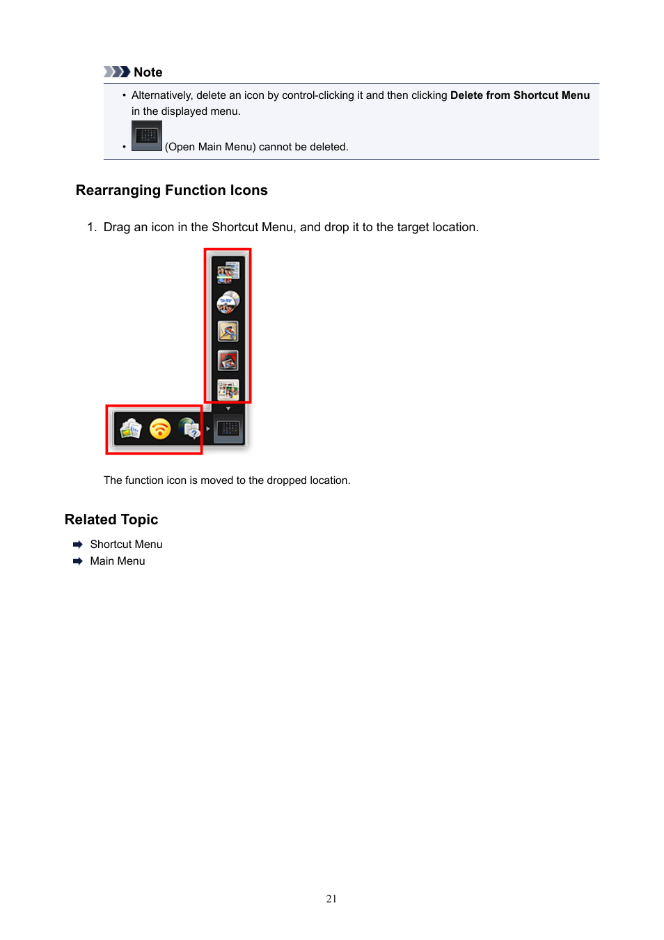 Rearranging function icons, Related topic | Canon PIXMA E474 User Manual | Page 21 / 22