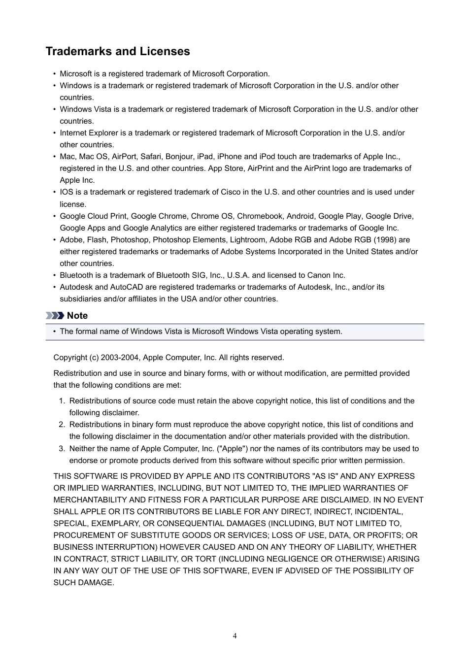 Trademarks and licenses | Canon PIXMA E474 User Manual | Page 4 / 22