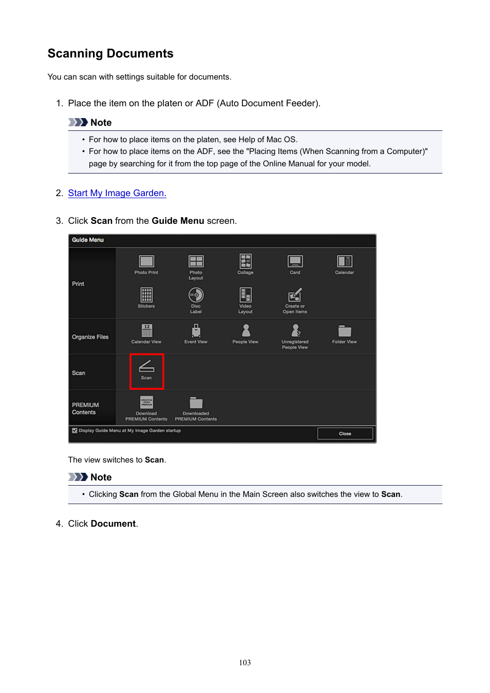 Scanning documents | Canon PIXMA E474 User Manual | Page 103 / 115