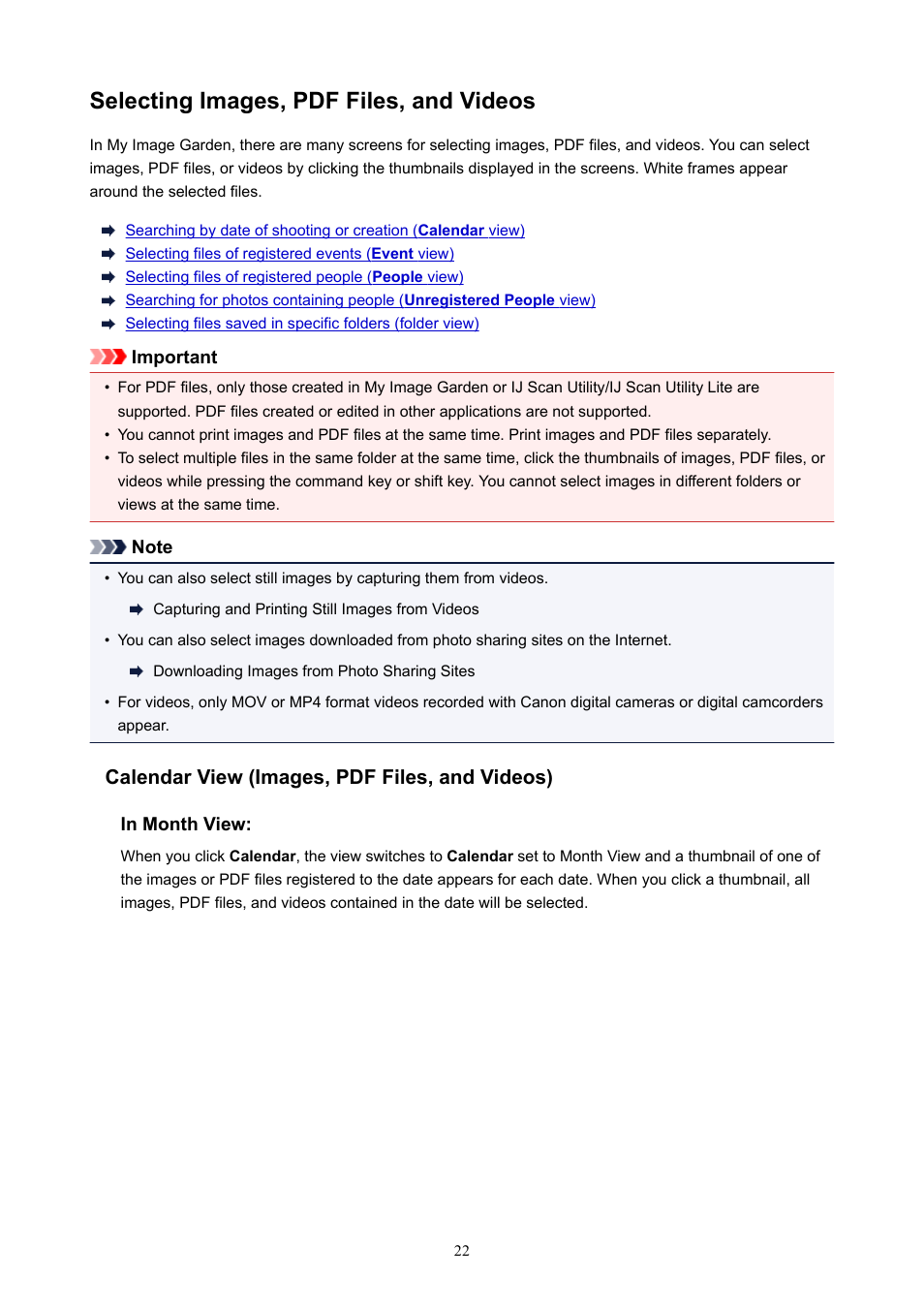 Selecting images, pdf files, and videos, Details, see | Canon PIXMA E474 User Manual | Page 22 / 115