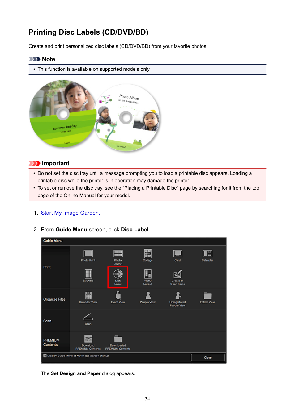 Printing disc labels (cd/dvd/bd) | Canon PIXMA E474 User Manual | Page 34 / 115