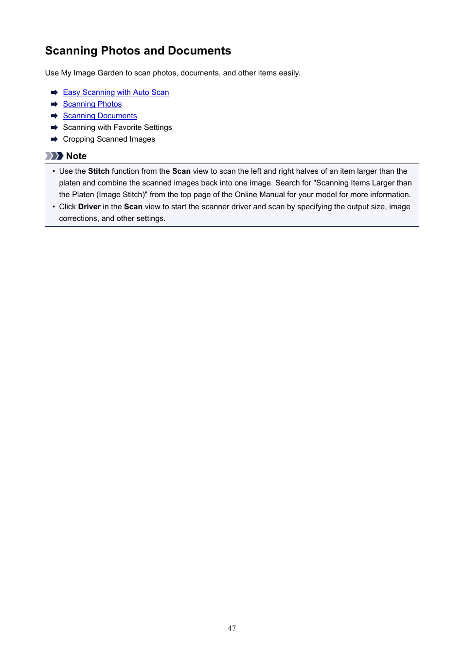 Scanning photos and documents | Canon PIXMA E474 User Manual | Page 47 / 115