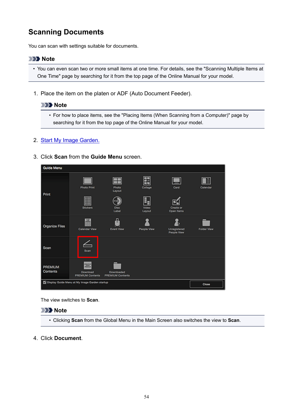 Scanning documents | Canon PIXMA E474 User Manual | Page 54 / 115