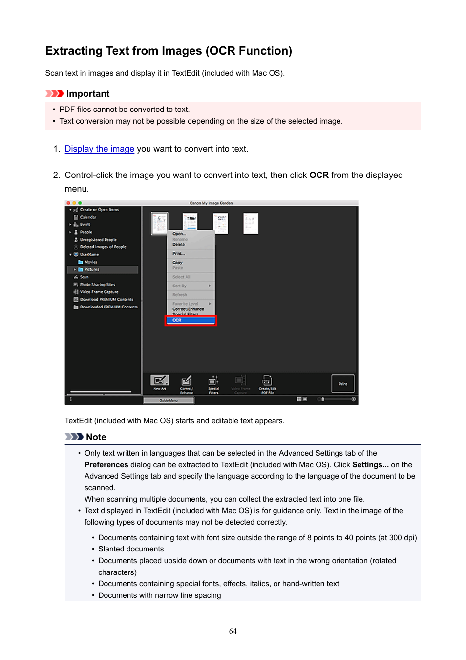 Extracting text from images (ocr function) | Canon PIXMA E474 User Manual | Page 64 / 115