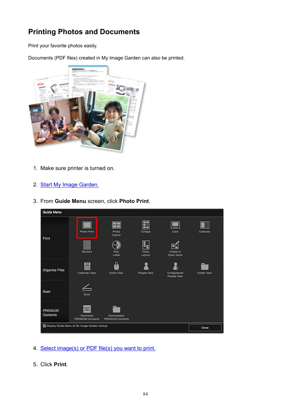 Printing photos and documents | Canon PIXMA E474 User Manual | Page 84 / 115