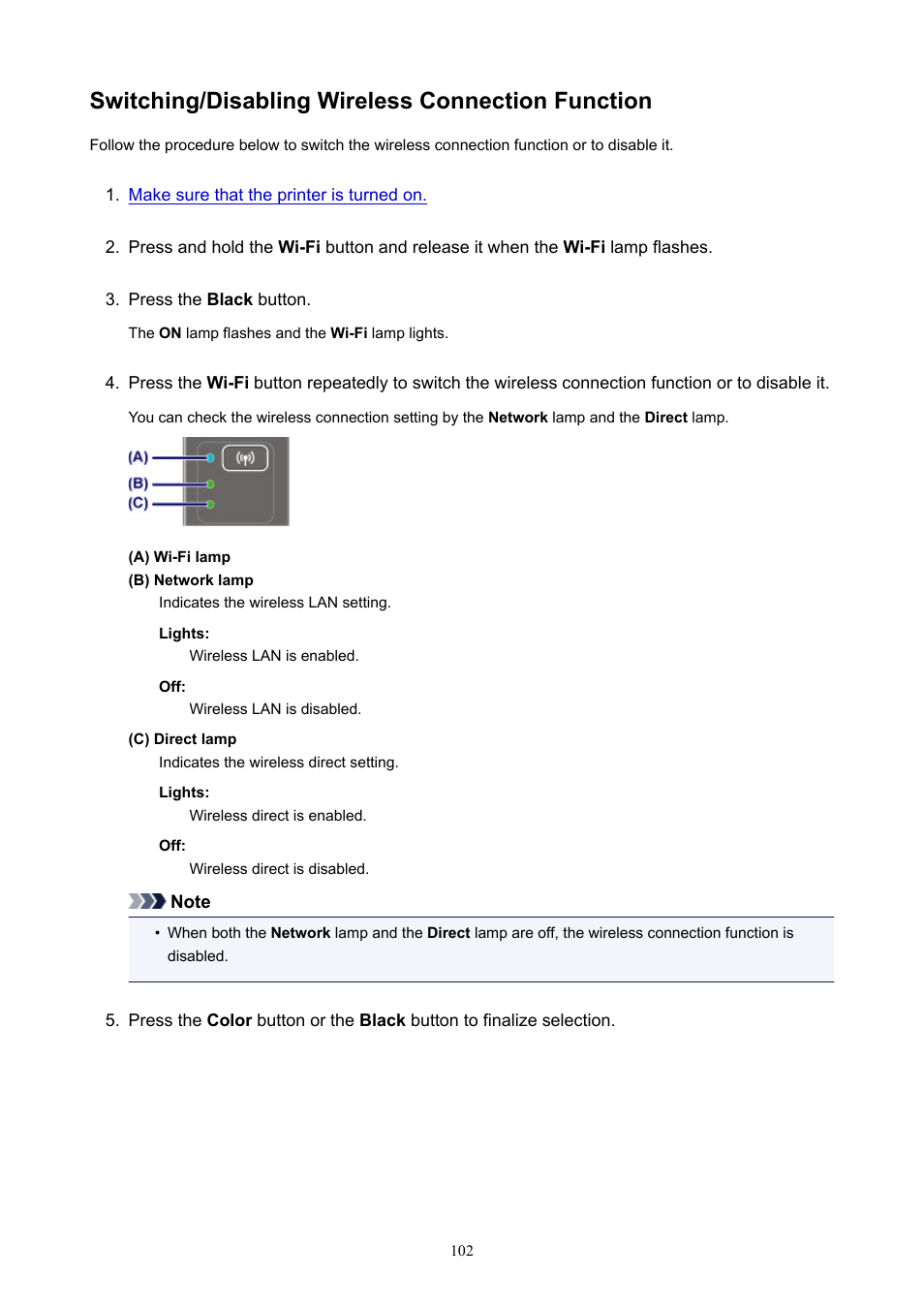 Switching/disabling wireless connection function | Canon PIXMA E474 User Manual | Page 102 / 350