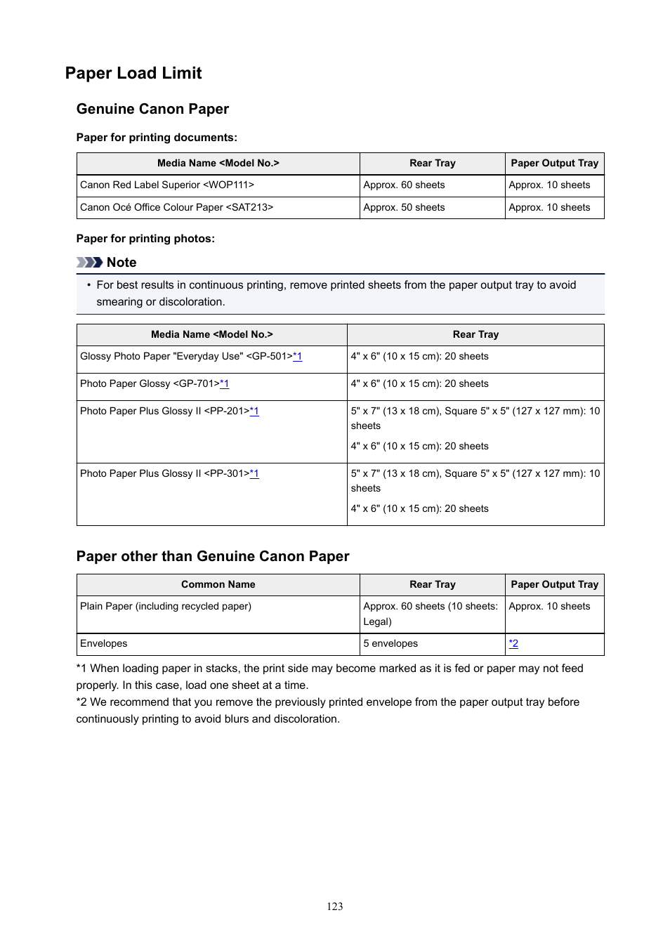 Paper load limit, Genuine canon paper, Paper other than genuine canon paper | Canon PIXMA E474 User Manual | Page 123 / 350