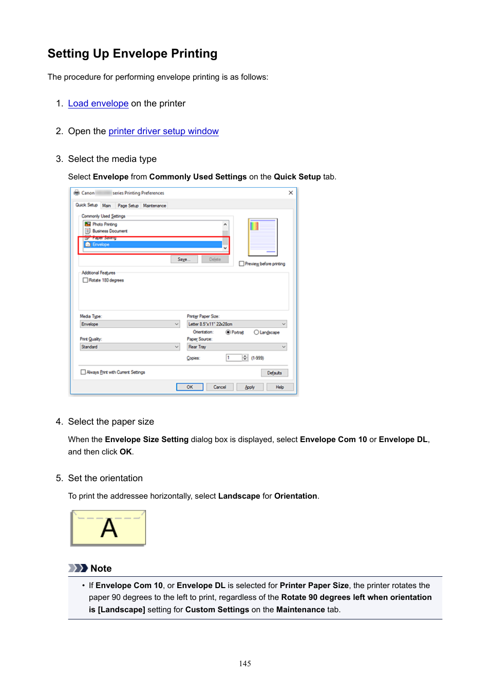 Setting up envelope printing | Canon PIXMA E474 User Manual | Page 145 / 350