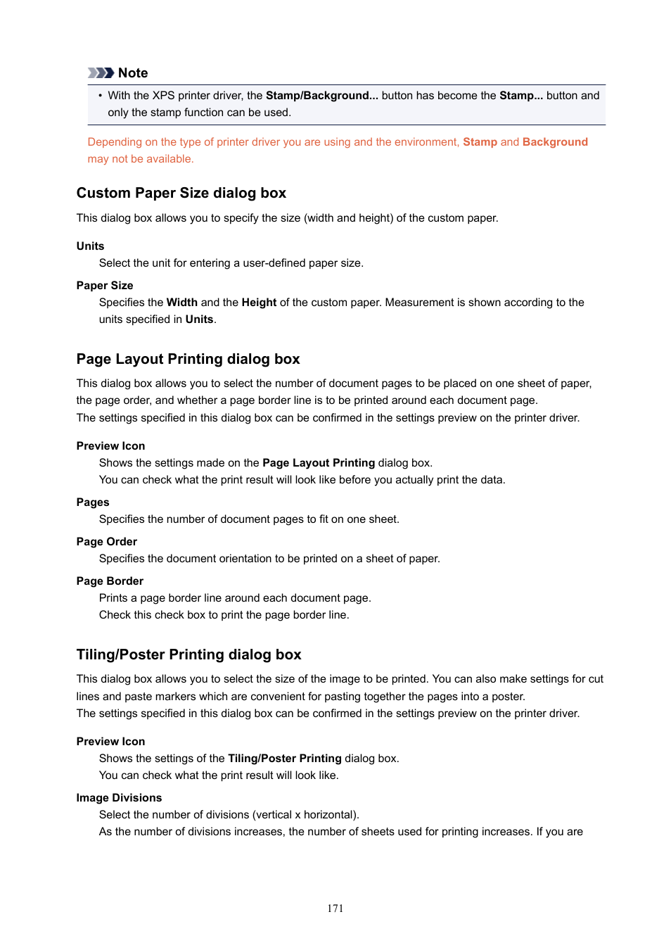 Then in the, Custom paper size dialog box, Opens and allows you to specify any | Opens the, Tiling/poster printing dialog box | Canon PIXMA E474 User Manual | Page 171 / 350