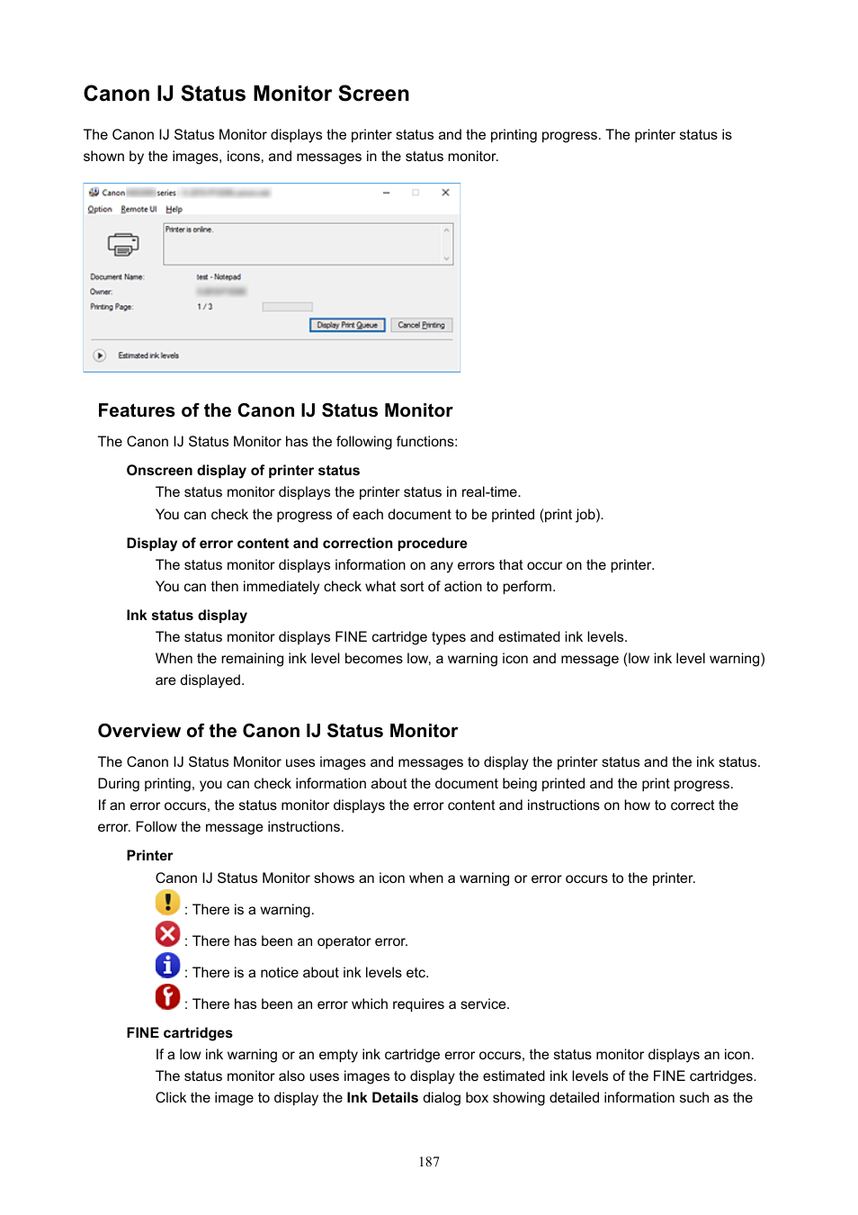 Canon ij status monitor screen | Canon PIXMA E474 User Manual | Page 187 / 350