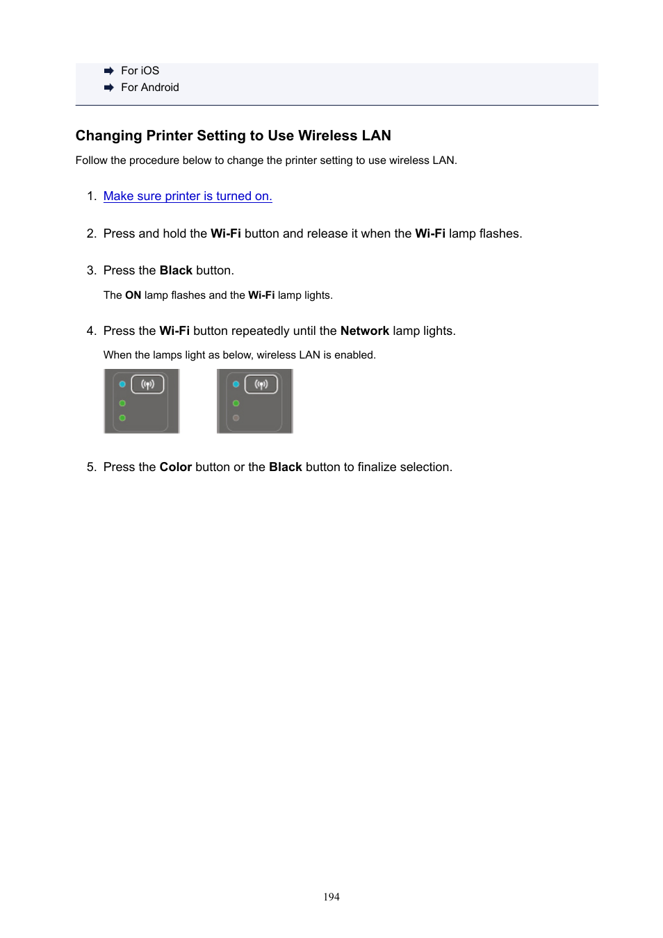 Changing printer setting to use wireless lan | Canon PIXMA E474 User Manual | Page 194 / 350