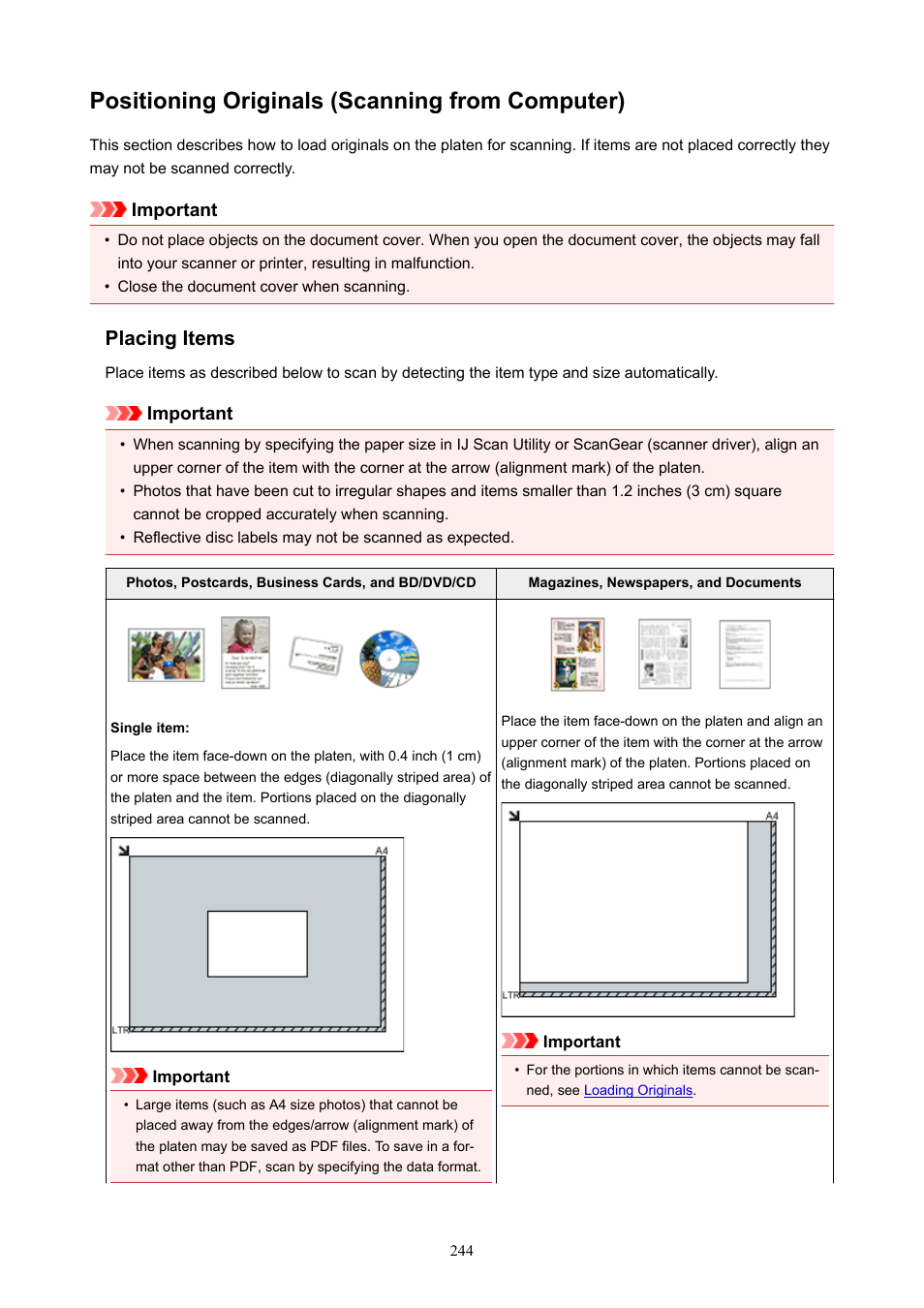 Positioning originals (scanning from computer), Placing items | Canon PIXMA E474 User Manual | Page 244 / 350