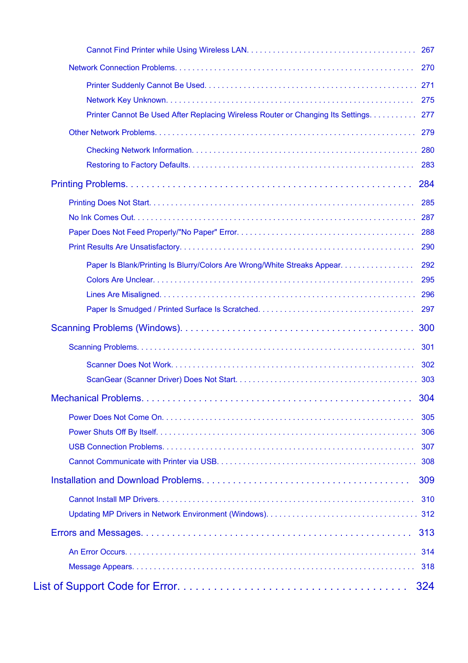 List of support code for error | Canon PIXMA E474 User Manual | Page 6 / 350