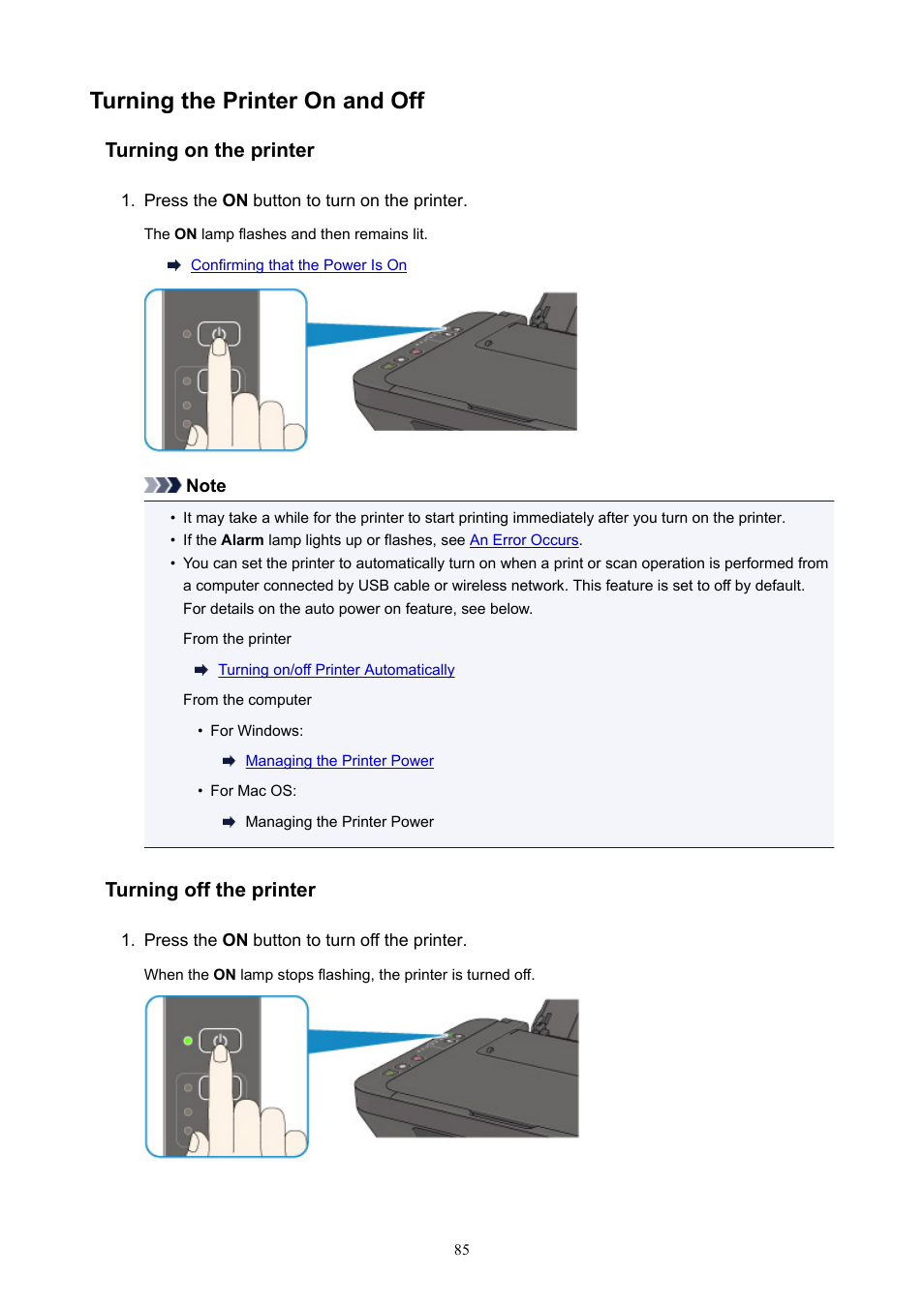 Turning the printer on and off, Turning on the printer, Turning off the printer | Canon PIXMA E474 User Manual | Page 85 / 350