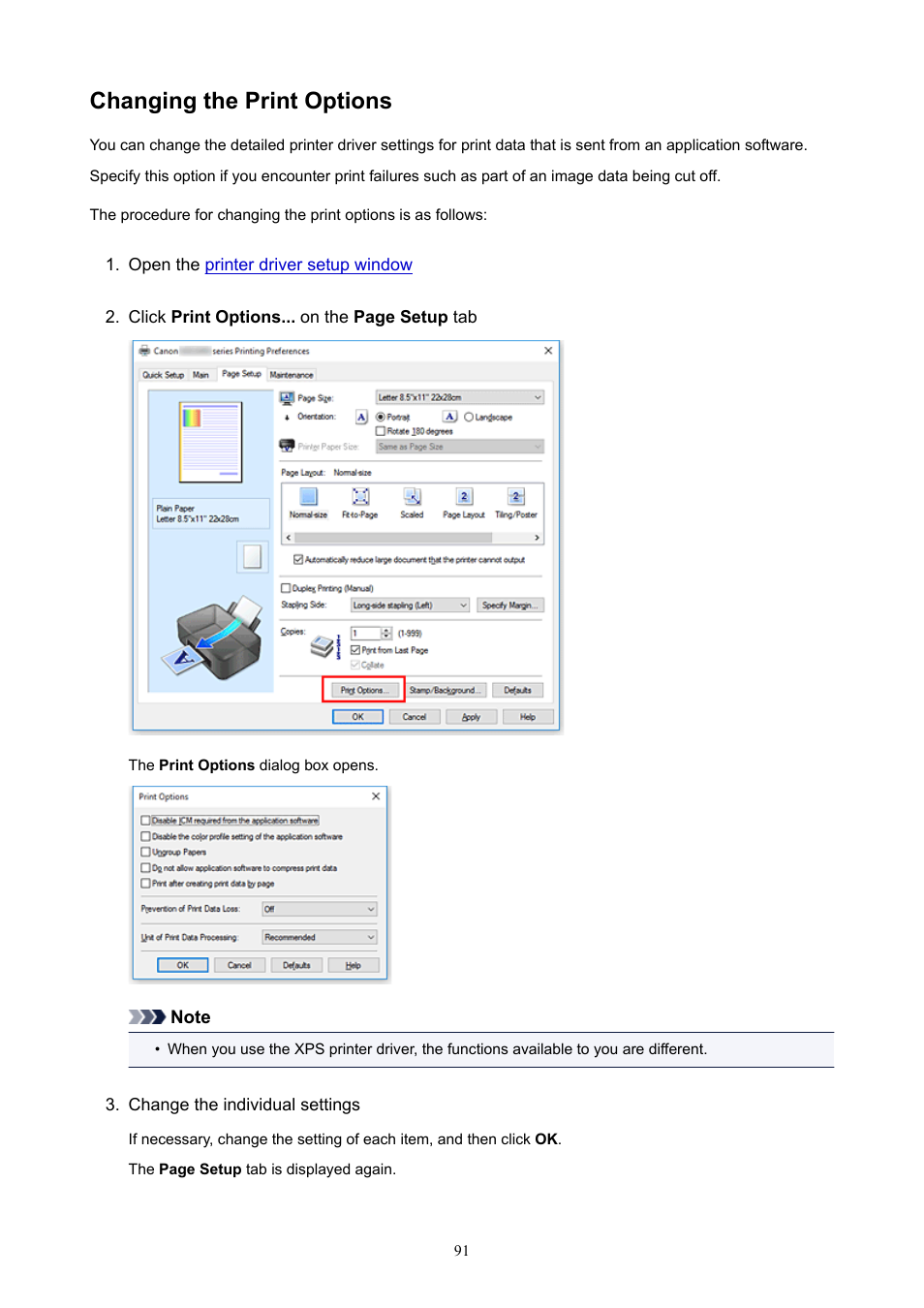 Changing the print options | Canon PIXMA E474 User Manual | Page 91 / 350
