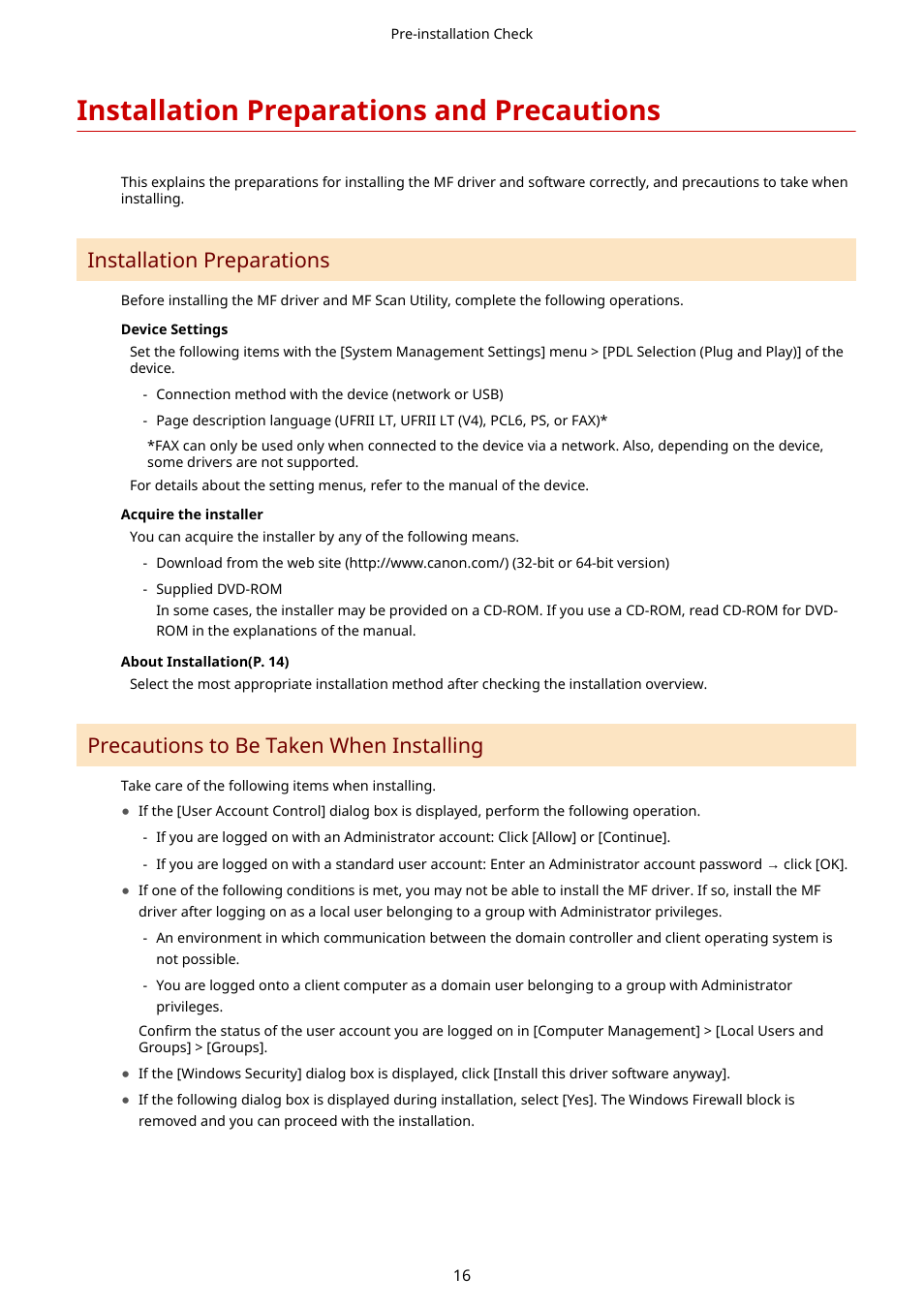 Installation preparations and precautions, Installation preparations, Precautions to be taken when installing | Canon i-SENSYS MF244dw User Manual | Page 18 / 60