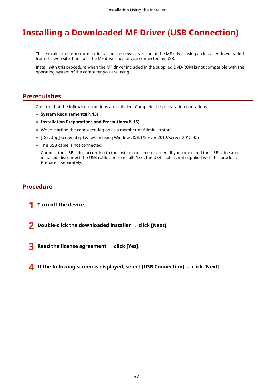 Installing a downloaded mf driver (usb connection) | Canon i-SENSYS MF244dw User Manual | Page 39 / 60