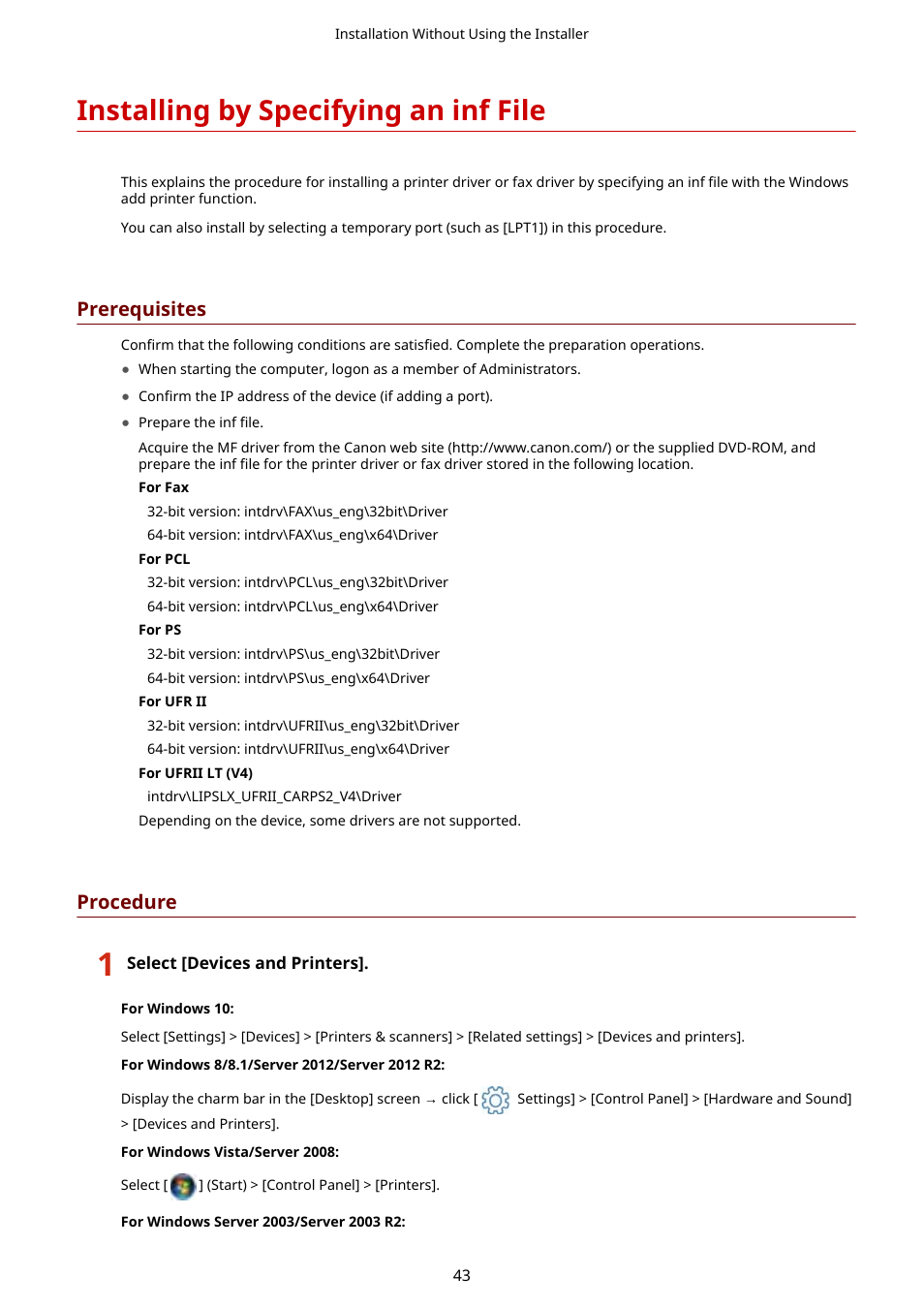 Installing by specifying an inf file, Prerequisites, Procedure | Canon i-SENSYS MF244dw User Manual | Page 45 / 60