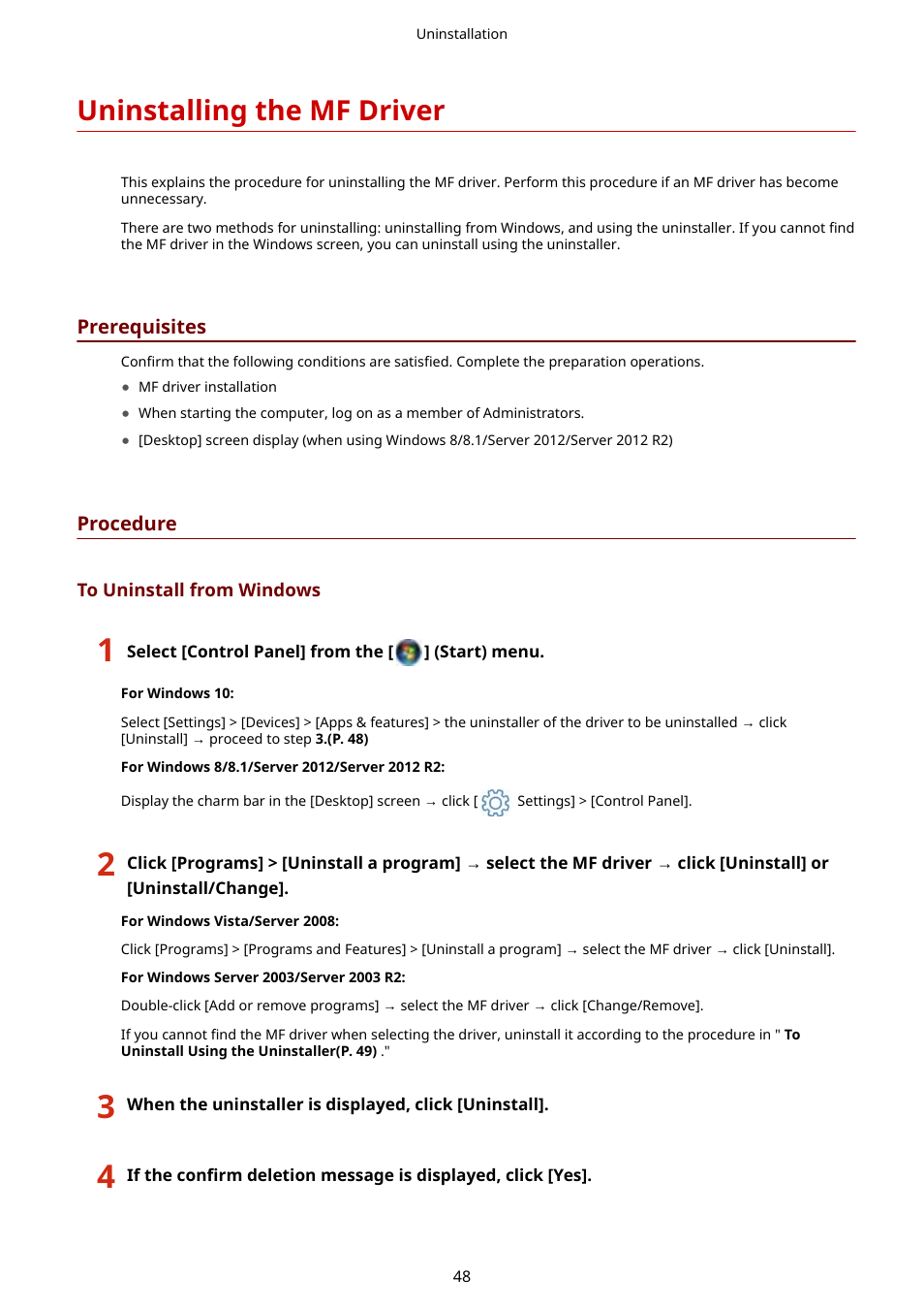 Uninstalling the mf driver, Uninstalling the mf driver(p. 48) | Canon i-SENSYS MF244dw User Manual | Page 50 / 60