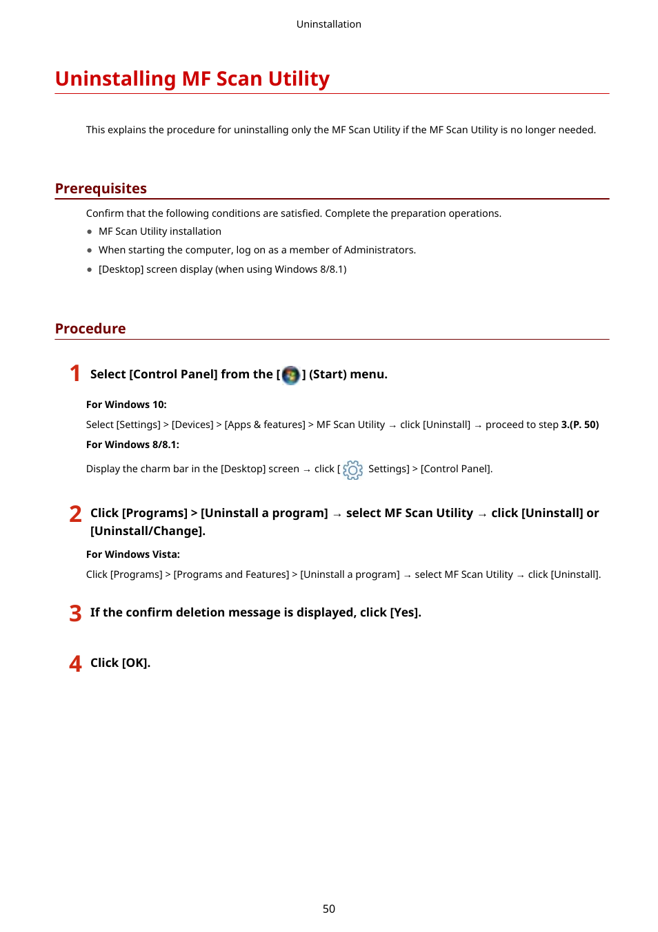 Uninstalling mf scan utility, Uninstalling mf scan utility(p. 50) | Canon i-SENSYS MF244dw User Manual | Page 52 / 60