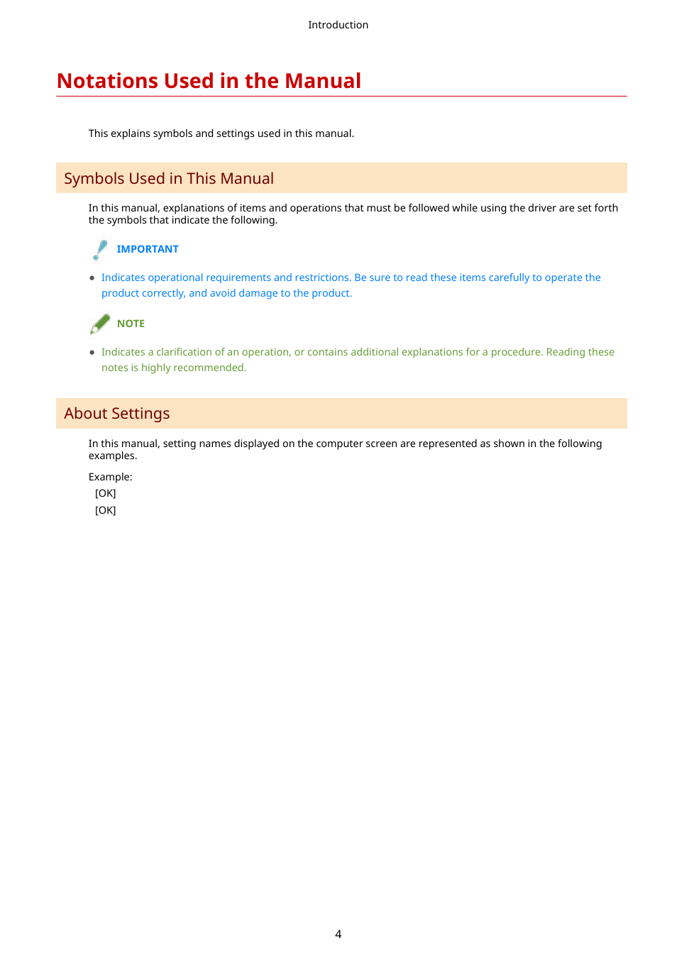 Notations used in the manual, Symbols used in this manual, About settings | Canon i-SENSYS MF244dw User Manual | Page 6 / 60