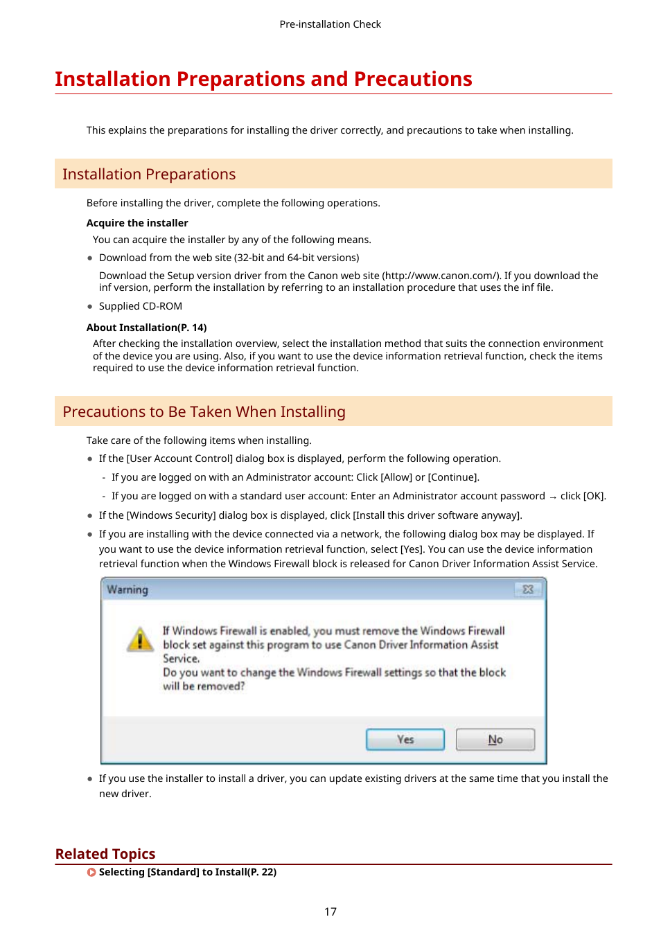 Installation preparations and precautions, Installation preparations and precautions(p. 17), Installation preparations | Precautions to be taken when installing, Related topics | Canon i-SENSYS MF244dw User Manual | Page 20 / 85