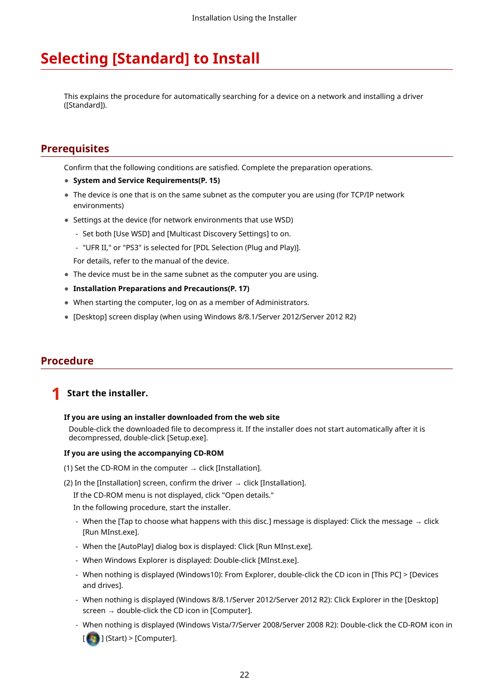 Selecting [standard] to install, Selecting [standard] to install(p. 22), Prerequisites | Procedure | Canon i-SENSYS MF244dw User Manual | Page 25 / 85